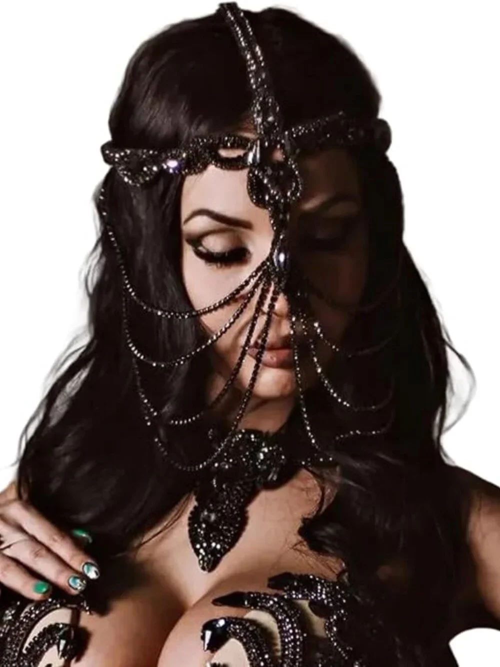 Rhinestone Tassel Veil Mask